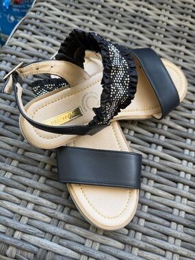 WENDY Black Studded Ruffle Strap Sandals
